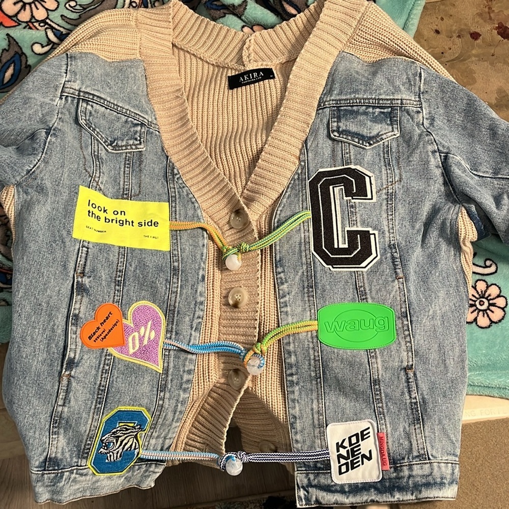 Akira Patch Jacket Half Denim Half Sweater Toggle Embellishments Oversized Med